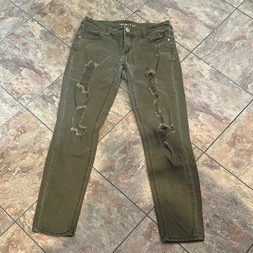 Vanity Green Skinny Jeans with Distressed Details